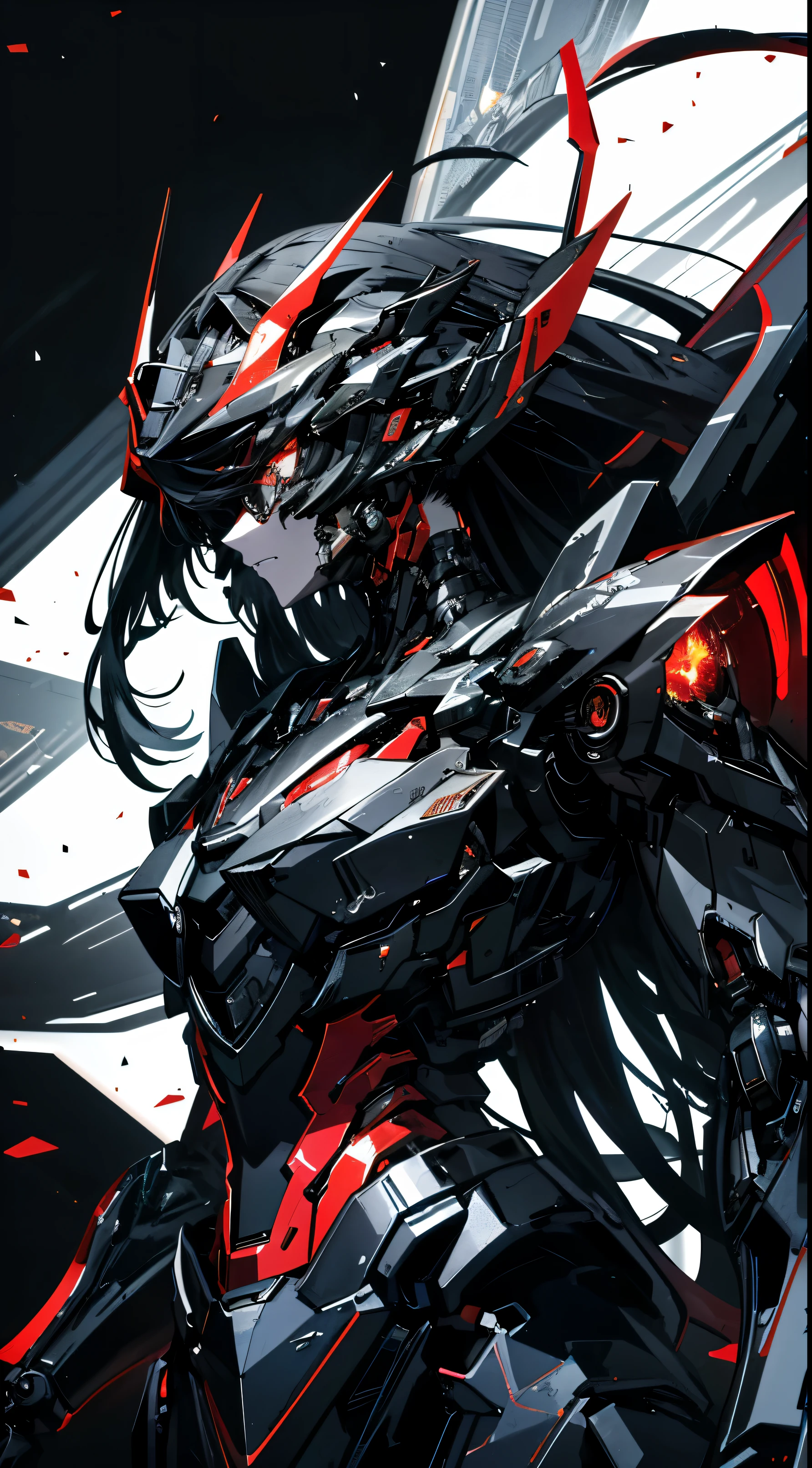 Blood Sea style，aesthetic masterpiece，best quality，Cowboy lenseull body image，Caustics，reflector，Ray tracing，cyber effect,(1 flat-chested girl:1.4)，Royal sister style，wear glasses,alone,alone，Mechanical Parts,robot joints,single mechanical arm,,Black color mecha本体,fully armoured ，It's a science fiction movie，Black color mecha，The abdomen  covered with thick armor.，Geometric armor，very long hair,black hair color hair , Hair between both eyes, black hair, Long hair and waist，black eyes, ,Super cool action Zhan Lpo de chuva farsightedness，The main colors are red and black