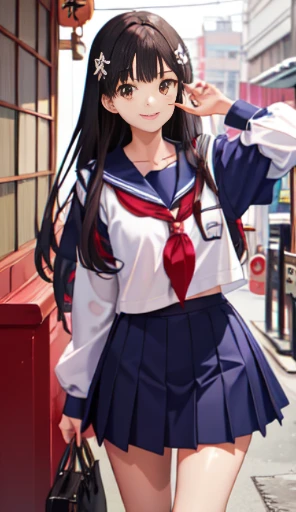 1 garota em、Um sorriso、A camisa、saia pela、(peitos pequenos)Chilarismo、Japan High School Student Uniform、serafuku、summer clothes、Uniforme encharcado de tempestade、Sheer bra、(retrato da parte superior do corpo)、