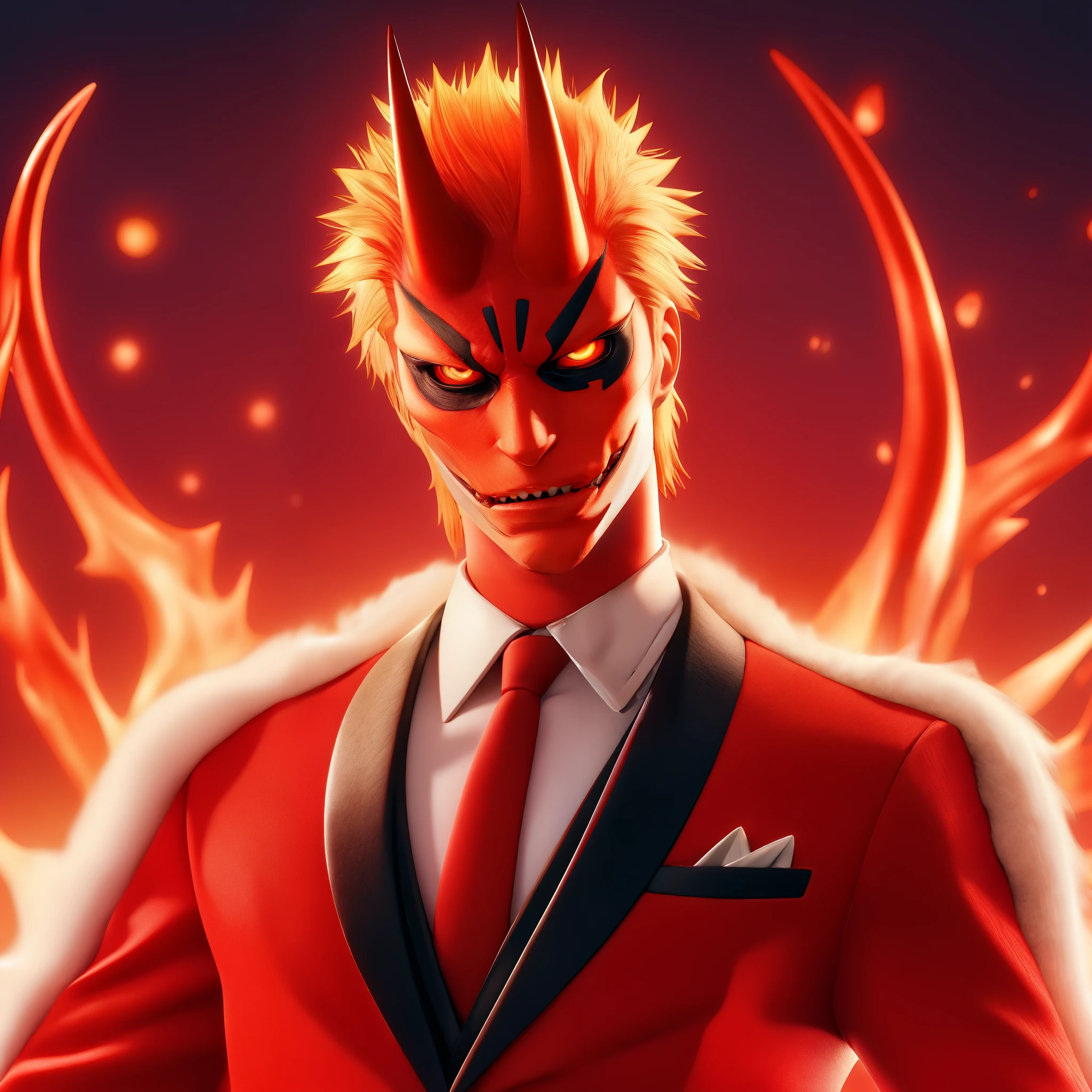 a 3D style, Ichigo Vasto Lorde from Bleach in Santa Business Suit: Visualize Vasto Lorde with fiery red skin reminiscent of Carnage, adorned in a Santa-color business suit. Picture him wearing a sharp, pointy-horns pointing to the sky, and imagine the fiery glow around him. Capture the essence of a professional and devilish yet Slender Man plain face (normal lips:1.2).