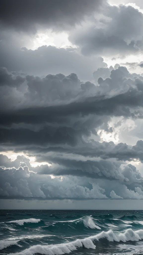 A serene image of a stormy sea with dark clouds.