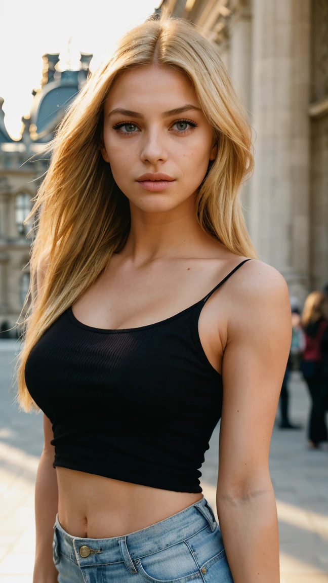 photograph of a woman outside of louvre (sympathetic facial expression), textured skin, goosebumps, blonde half-up half-down hair, wearing sexy shorts and black t shirt, perfect body,little sexy but classy, perfect eyes, ((hard lighting:1.4)), Velvia 100 color, shot on Cinestill 800T, bokeh, upper body shot by Manuela Marques