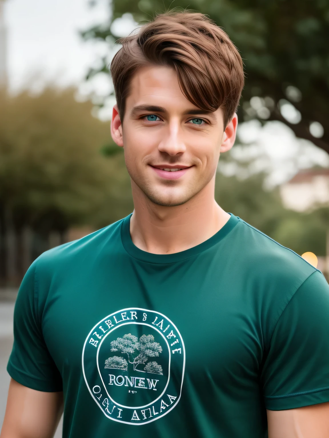 photo of a stunningly handsome man, 25 years, Blue eyes, short hair, Brown hair, full height, in a T-shirt, photorealistic, Best quality, detailed, 8K, HDR, cinematic lighting, Sharp Focus, short hair, looks at the camera, smiling, slight smile, on a green background