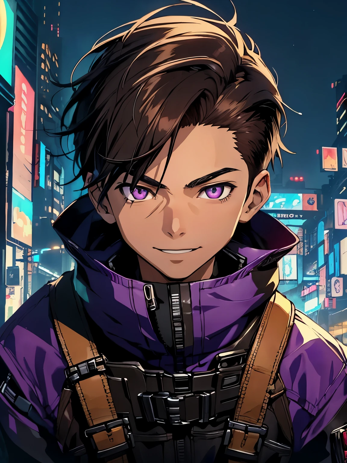 (((2d art style))), masterpiece, anime style, ((??? boy with white skin)), ((wearing a black purple jacket)), (((brown eyes))), (((finely detailed eyes))), (short brown hair), looking to the camera, pov, full face, ((night cyberpunk city)), cyan, purple, black, smile on face, realistic shadow, detailed shadow, realistic light, detailed light, contour light, pixiv, artstation, super detailed