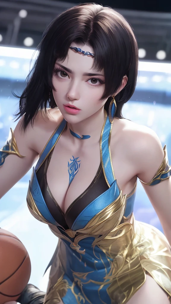 (8k, RAW photo, best quality, masterpiece:1.2), (realistic, photo-realistic:1.4), illustration, highres,hexagon,(1girl), gorgeous, rough skin, (oval face:1.1), professional lighting, photon mapping, radiosity, physically-based rendering, cute,
wear basketball uniform, large breast, ((cleavage)), at basketball court, pureerosface_v1:0.3