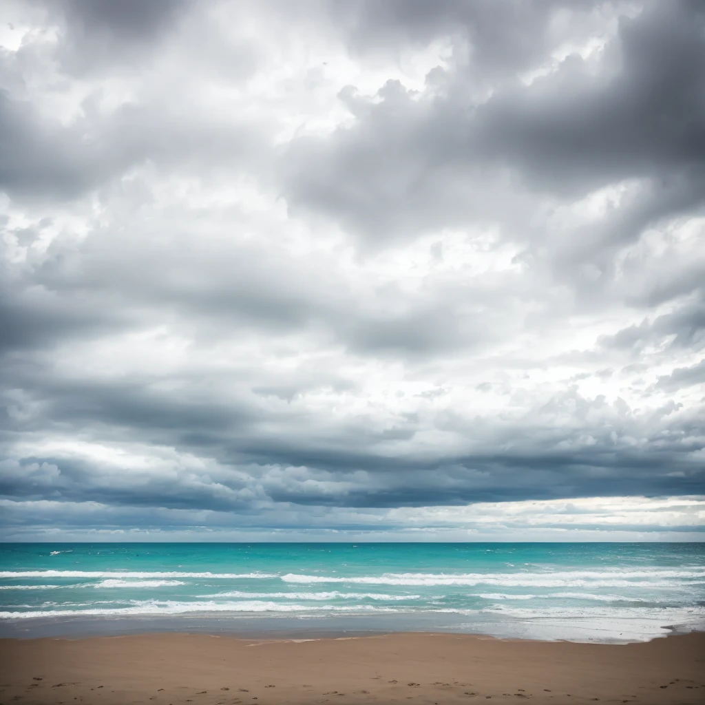 view from beach toward the ocean with dark clouds forming in the sky above the ocean