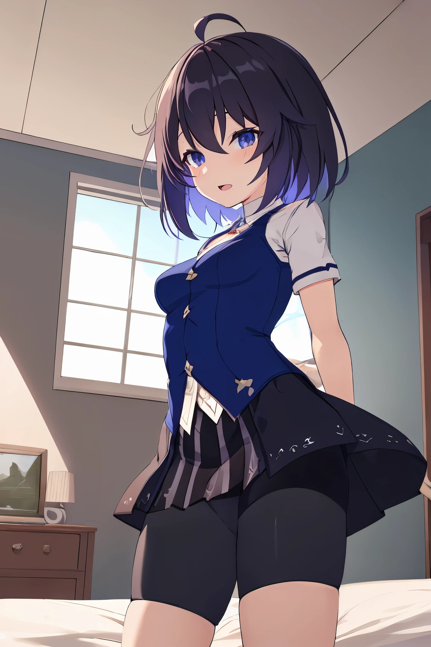 1 girl, best quality, ultra high res, ahoge, Seele Vollerei, looking at viewers, medium breast, standing, smile, body, small body, open mouth, azure memories, short sleeves, Bike Shorts, bedroom, white bed sheets,