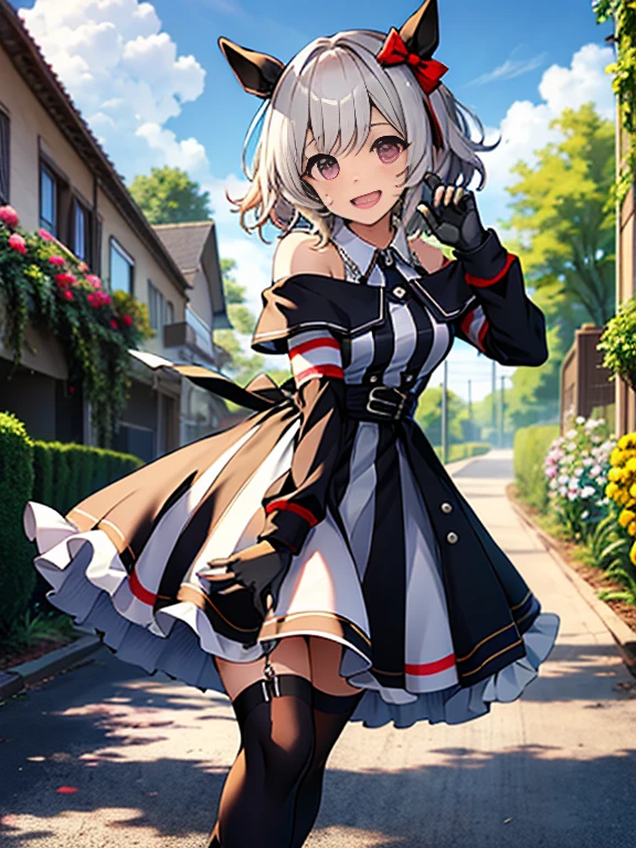 ((highest quality、masterpiece:1.3))、{{masterpiece}}、enlightenment、highest quality、
Karen-chan \(umamusume\), laughter, garden,Racing Wear、
Vertical striped dress rack and white dress shoulder、off shoulder、long sleeve、Dresses with collar、gloves、knee socks、dynamic pose:1.4、knee socks、solo