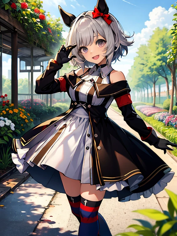 ((highest quality、masterpiece:1.3))、{{masterpiece}}、enlightenment、highest quality、
Karen-chan \(umamusume\), laughter, garden,Racing Wear、
Vertical striped dress rack and white dress shoulder、off shoulder、long sleeve、Dresses with collar、gloves、knee socks、dynamic pose:1.4、knee socks、solo