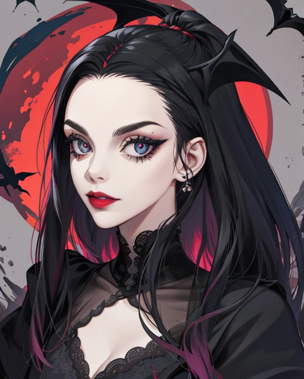 (absurdo, high resolution, super detalhe), Uma vampira,garota linda, detalhes intrincados, texturas ampliadas, detalhes intrincados, olhos finos e rosto detalhado, detalhes intrincados, Cabelo preto, (boca fechada), olhos perfeitos, olhos combinando, well-formed lips,uma vampira vitoriana