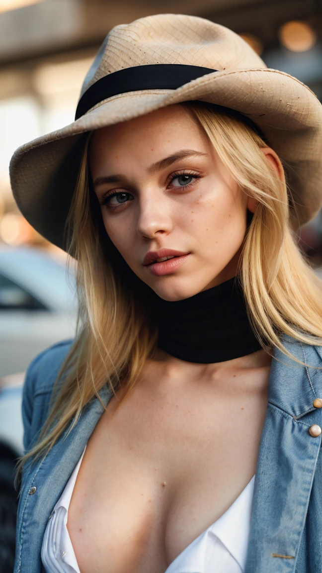 photograph of a woman on a parking lot (sympathetic facial expression), textured skin, goosebumps, blonde half-up half-down hair, wearing jacket and a hat,  perfect body,little sexy but classy, perfect eyes, ((hard lighting:1.4)), Velvia 100 color, shot on Cinestill 800T, bokeh, upper body wide shot by Manuela Marques