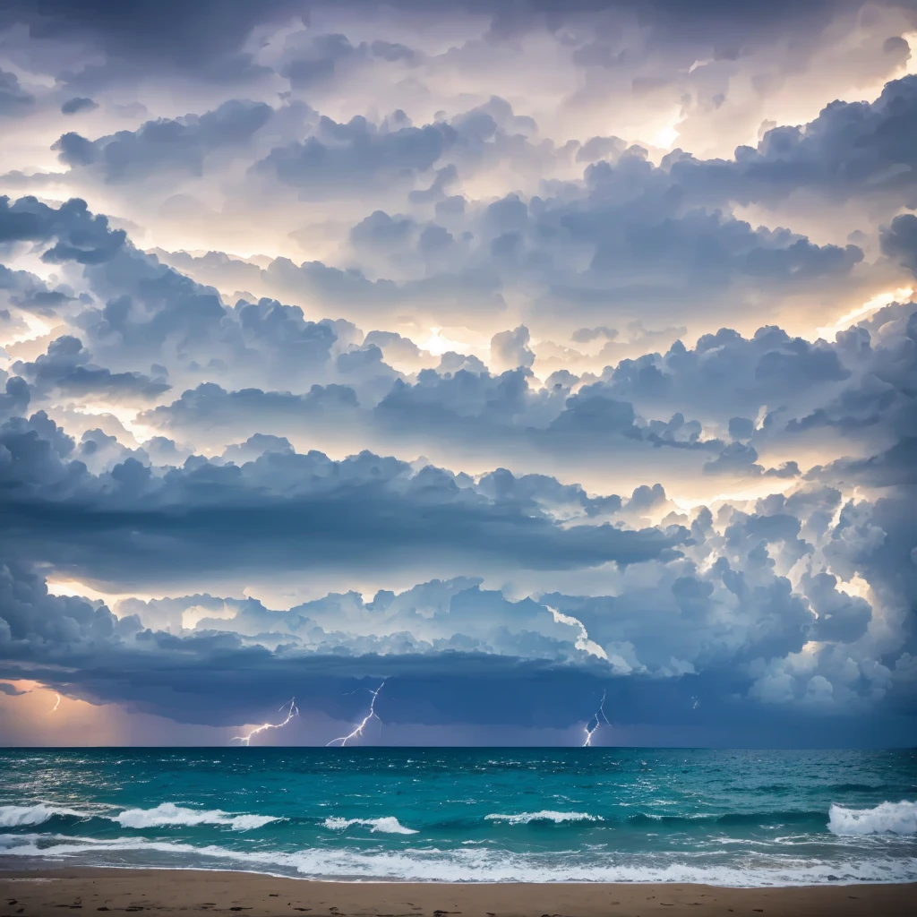 view from beach toward the ocean with dark clouds above the ocean and lightning striking the ocean