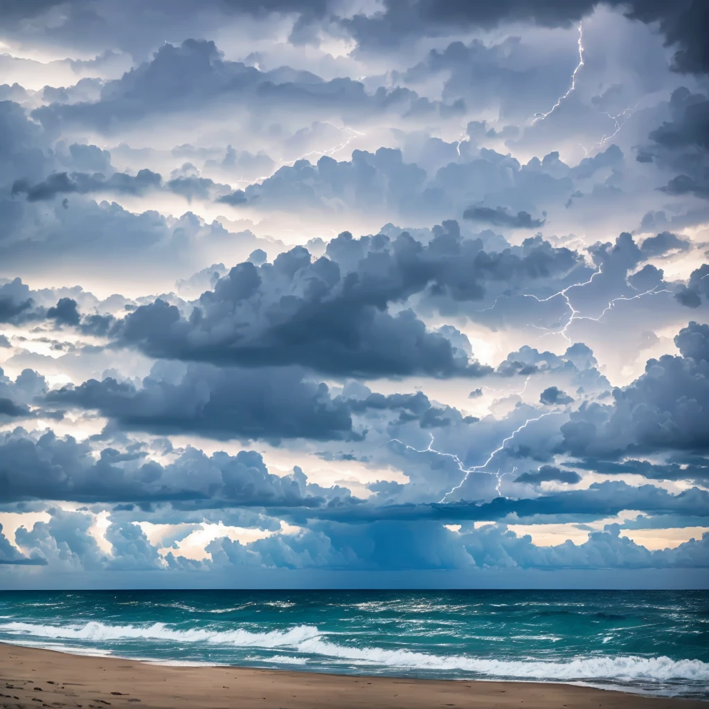 view from beach toward the ocean with dark clouds above the ocean and lightning striking the ocean
