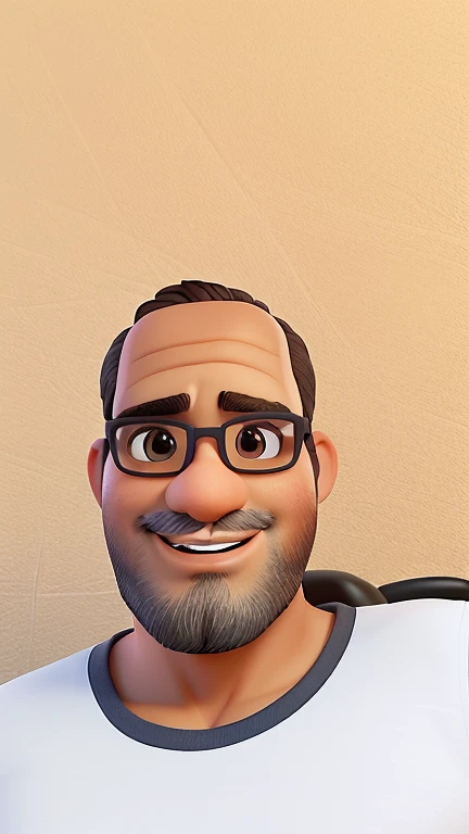 Create a 3D illustration of an animated brunette Brazilian character with glasses sitting casually on top of a social media logo "WhatsApp". O personagem deve usar camiseta preta, cabelos bem curtos e levemente calvo, pele morena, olhos levemente puxados, has an athletic body, barba e segurando um Xiaomi. The background of the image is a social media profile page with the username "Franklin" e uma foto de perfil correspondente