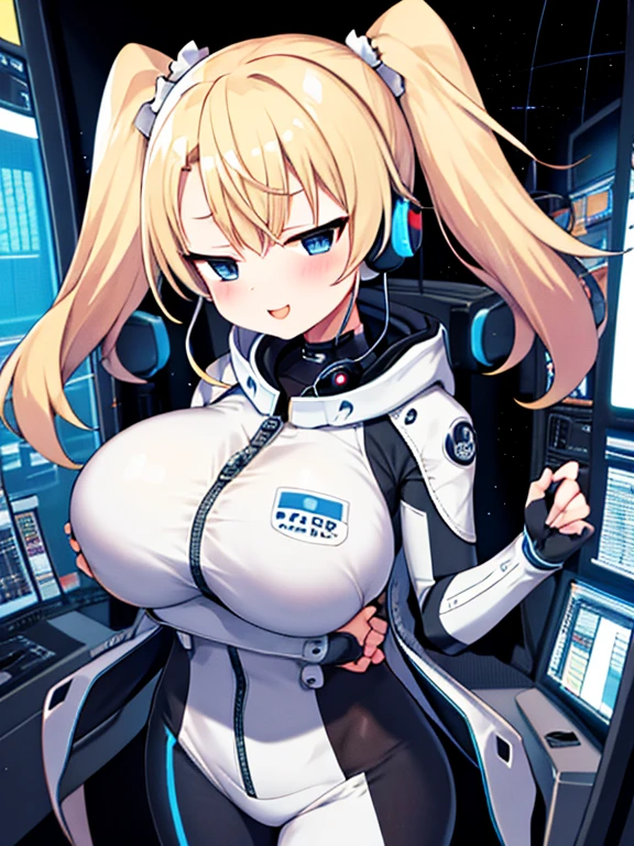 very detailed、masterpiece、high quality、one high school girl、18-year-old、(White spacesuit)、front zipper、(blue hair):1.5、(Futuristic, Tight Fit Bodysuit)、headphone、Cyberpunk space station interior background、(blonde),ロングtwin tails, blue eyes, change,twin tails,sassy change，cheey change，mesugaki,girl,天才girl、(huge breast):1.3,(blush):1.1、