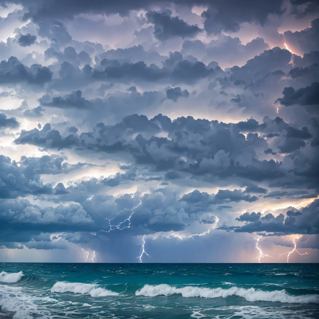 view from beach toward the ocean with dark clouds above the ocean and lightning striking the stormy ocean