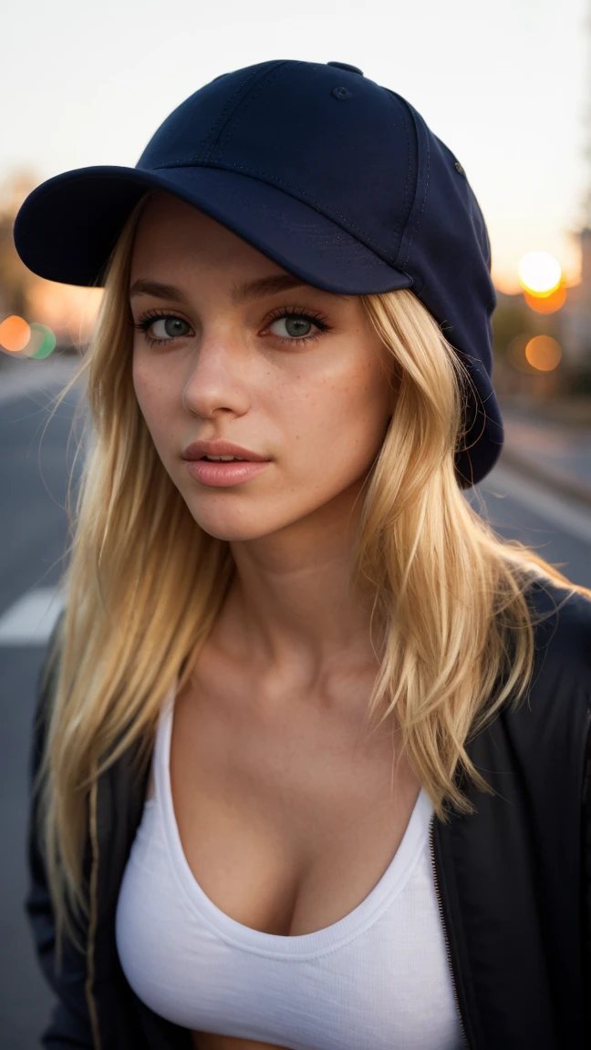 photograph of a woman on an empty street (sympathetic facial expression), textured skin, goosebumps, blonde half-up half-down hair, wearing jacket and an athlete hat,  perfect body,little sexy but classy, perfect eyes, its sunset ((hard lighting:1.4)), Velvia 100 color, shot on Cinestill 800T, bokeh, upper body wide shot by Manuela Marques