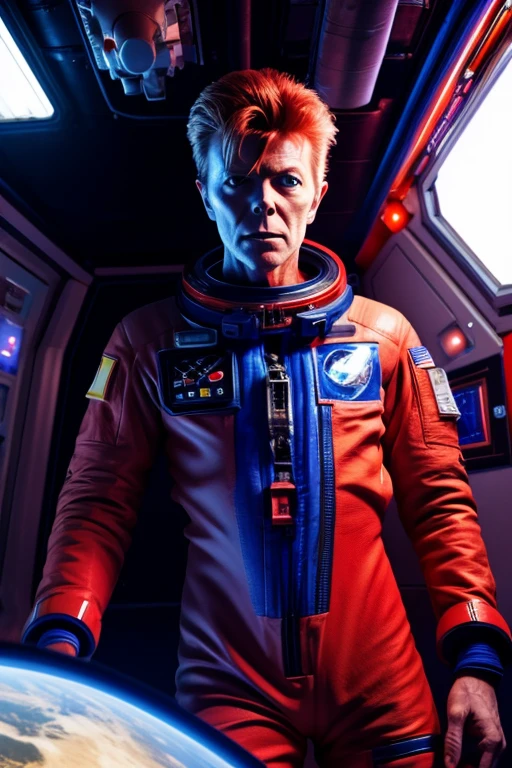 david bowie as major tom, red spacesuit, in space station, space room