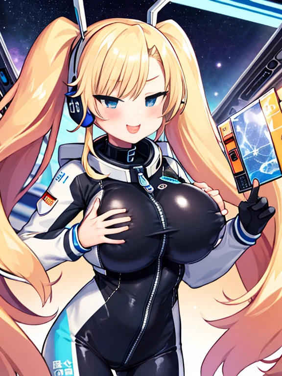 very detailed、masterpiece、high quality、one high school girl、18-year-old、(White spacesuit)、front zipper、(blue hair):1.5、(Futuristic, Tight Fit Bodysuit)、headphone、Cyberpunk space station interior background、(blonde),ロングtwin tails, blue eyes, change,twin tails,sassy change，cheey change，mesugaki,girl,天才girl、(big breast):1.1,(blush):1.1、