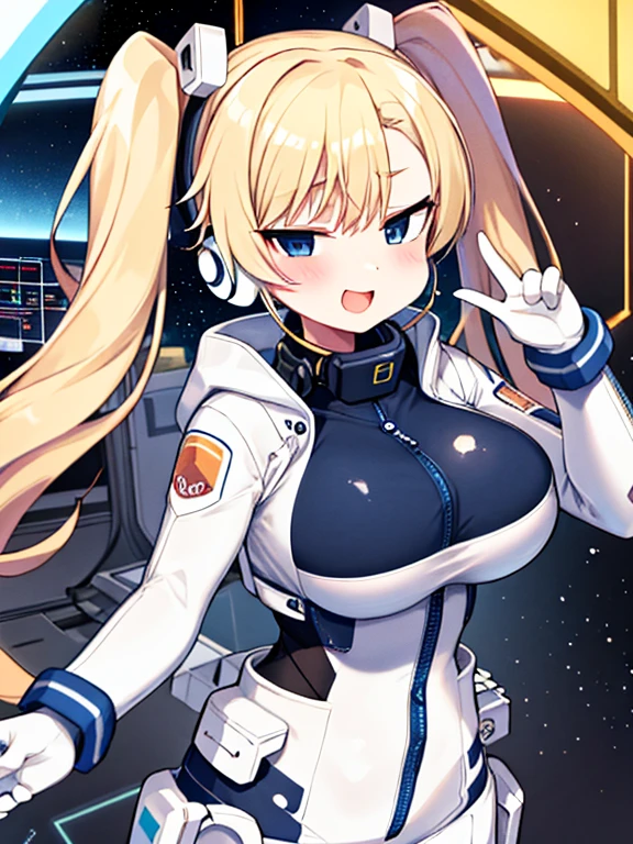 very detailed、masterpiece、high quality、one high school girl、18-year-old、(White spacesuit)、front zipper、(blue hair):1.5、(Futuristic, Tight Fit Bodysuit)、headphone、Cyberpunk space station interior background、(blonde),ロングtwin tails, blue eyes, change,twin tails,sassy change，cheey change，mesugaki,girl,天才girl、(big breast):1.1,(blush):1.1、