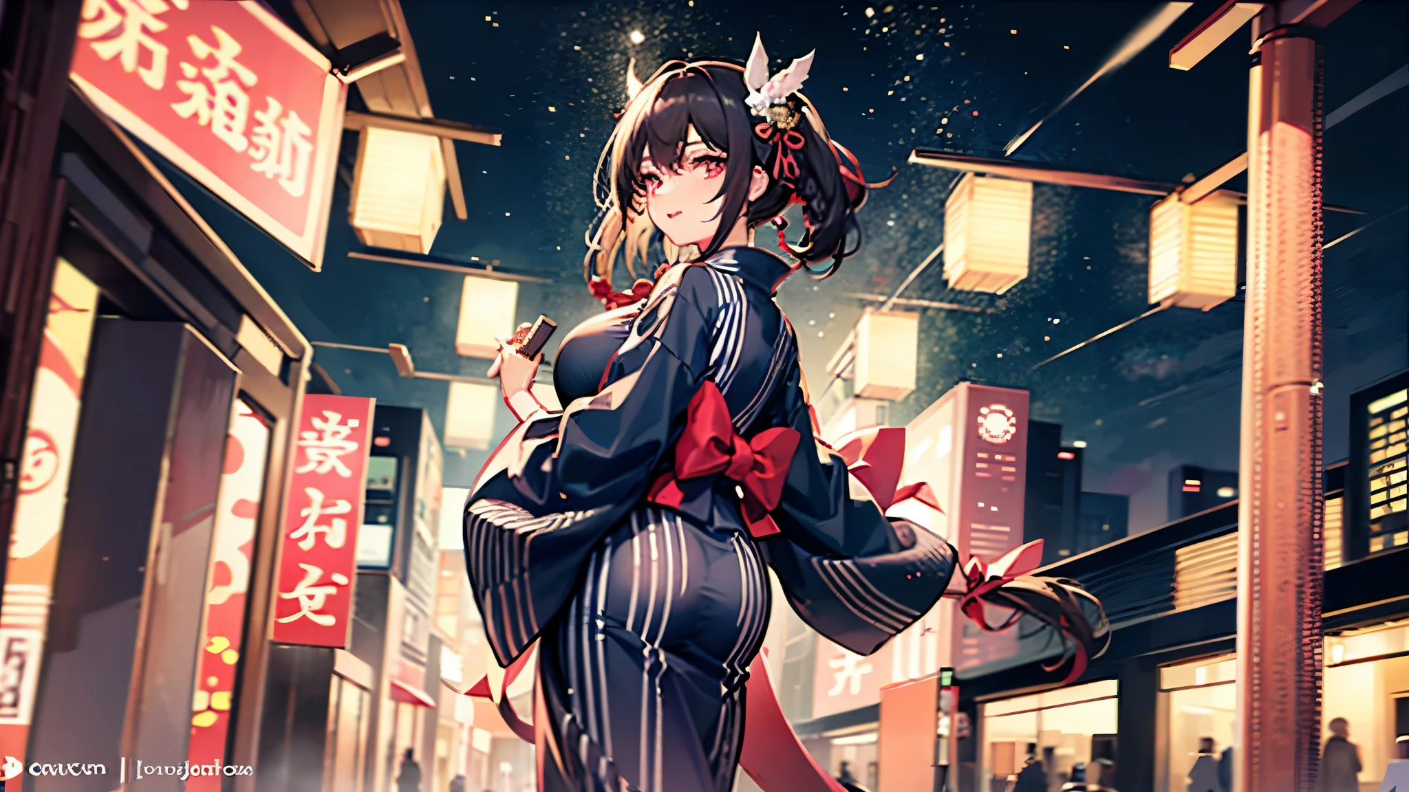 4K 18 year old female with black hair and light red eyes. Big breasts, long hair braided on the left side, tied with a black ribbon at the back, wearing a yukata to wish a happy new year. Walking in the park at night