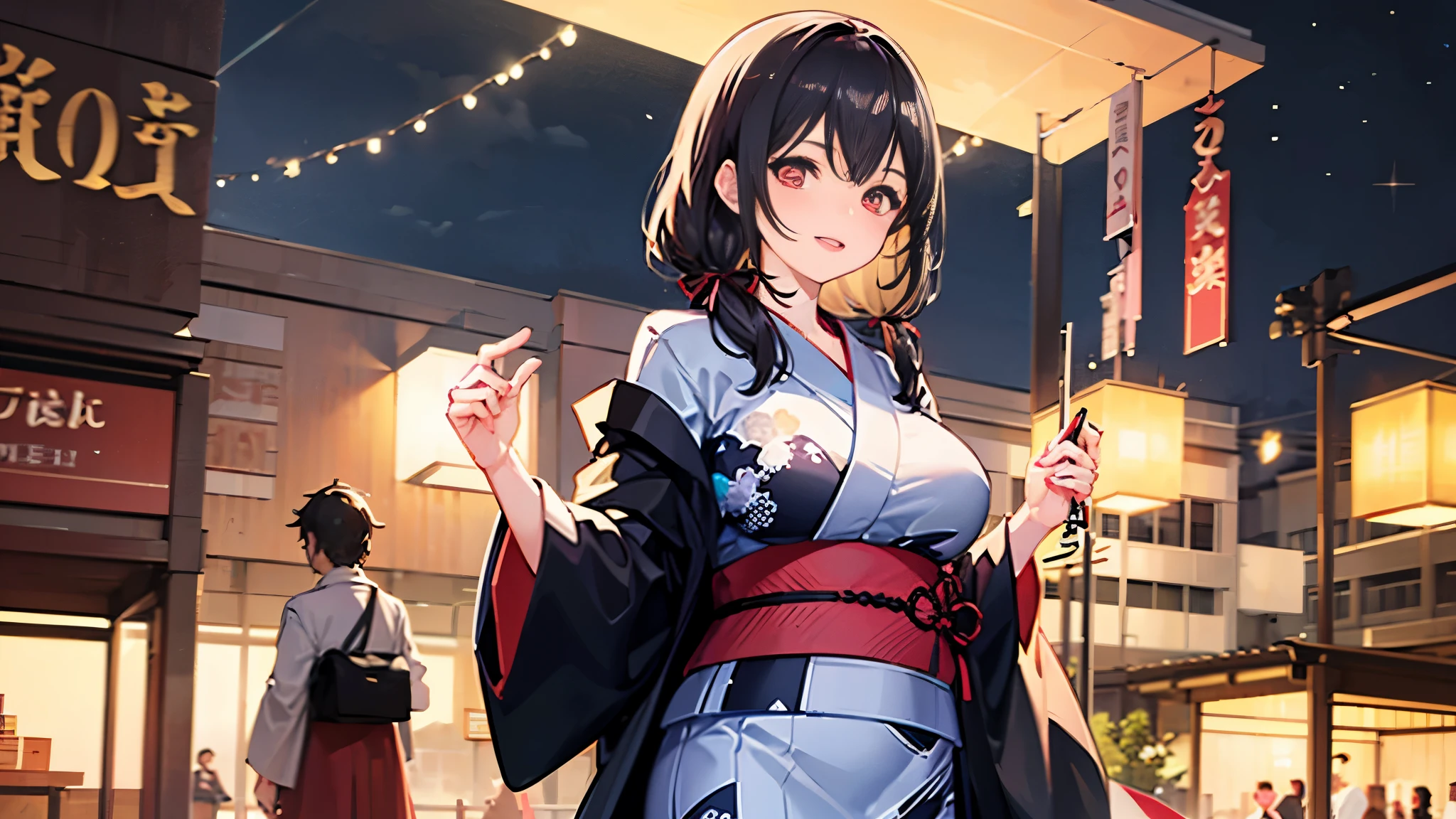 4K 18 year old female with black hair and light red eyes. Big breasts, long hair braided on the left side, tied with a black ribbon at the back, wearing a yukata to wish a happy new year. Walking in the park at night