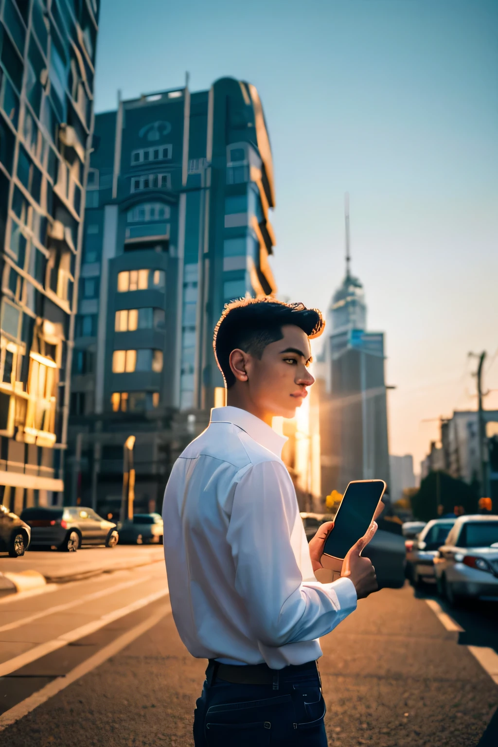 (best quality,4k,8k,highres,masterpiece:1.2),ultra-detailed,(realistic,photorealistic,photo-realistic:1.37),young boy holding the latest smartphone,staring intently at the screen,captivated by the vibrant colors on the display,with a sense of excitement and curiosity in his eyes,standing confidently in front of a sleek, black luxury car,illuminated by the soft glow of the setting sun,showcasing his stylish white shirt and black jeans that perfectly compliment his youthful energy and charm,the boy's face illuminated by the warm, golden light,a reflection of the bright future ahead of him,the scene exudes a modern and aspirational vibe,with a touch of urban sophistication and elegance,creating a visually striking composition with a focus on the boy's anticipation and connection to the digital world.