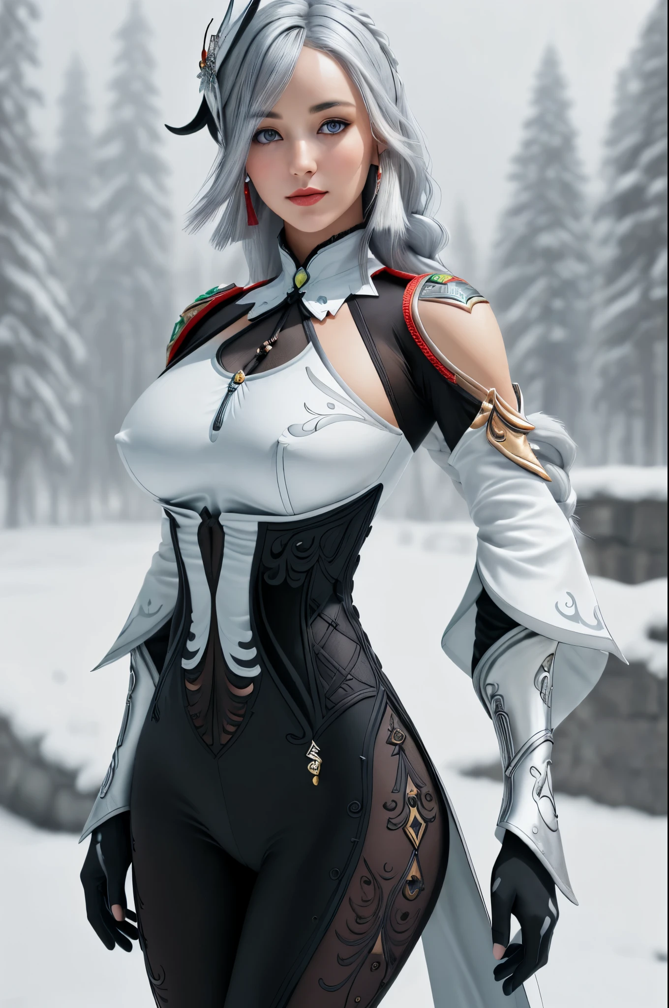 (Best Quality, 8K, Masterpiece, Ultra HD: 1.3, Ultra quality cinematic lighting, Huge detail, Well lit, 35mm, sharp, hyper realistic, epic scale, insane level of details, beautiful detailed girl, very detailed eyes and face, beautiful detailed eyes, ultra detailed skin, realistic skin), Lindsey Vonn as a Shenhe, ((short torso, long legs, slim waist, big hips, big naturally sagging breasts):1.2), ((black matte full-body bodysuit, white shirt):1.3), ((no bra, nipple heads is visible):1.25), (((long white hair braided, silver light hair), gray eyes, bright red lipstick):1.3), (black feather in the hair on the right:1.3), necklace, earrings, bracelet, (arms behind her:1.2), (snow forest, pine trees)