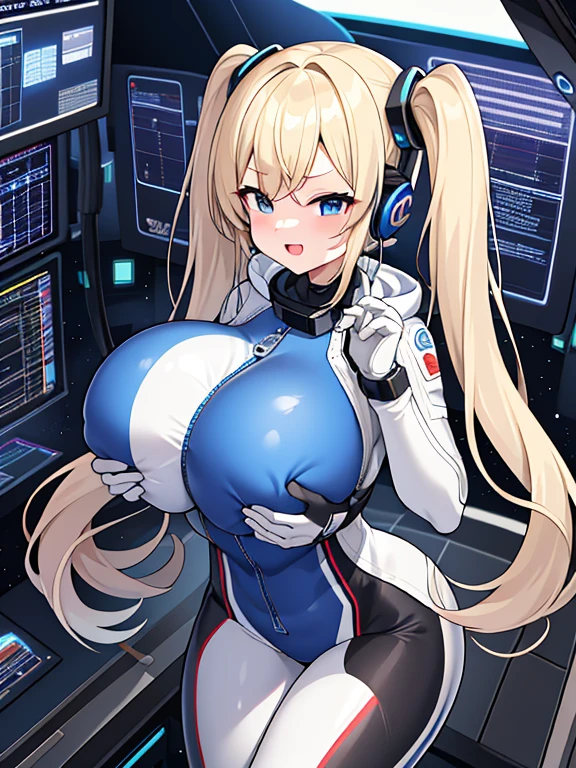 very detailed、masterpiece、high quality、one high school girl、18-year-old、(White spacesuit)、front zipper、(blue hair):1.5、(Futuristic, Tight Fit Bodysuit)、headphone、Cyberpunk space station interior background、(blonde),ロングtwin tails, blue eyes, change,twin tails,sassy change，cheey change，mesugaki,girl,天才girl、(huge breast):1.3,(blush):1.1、