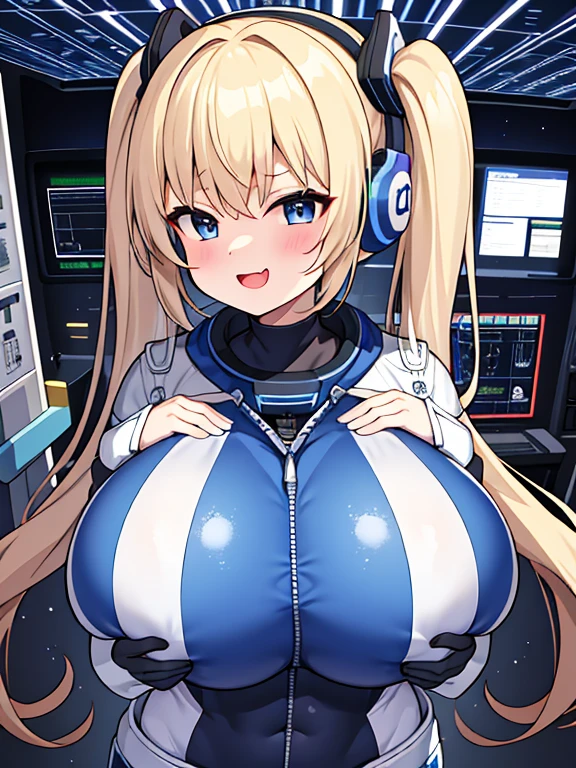 very detailed、masterpiece、high quality、one high school girl、18-year-old、(White spacesuit)、front zipper、(blue hair):1.5、(Futuristic, Tight Fit Bodysuit)、headphone、Cyberpunk space station interior background、(blonde),ロングtwin tails, blue eyes, change,twin tails,sassy change,cheey change,mesugaki,girl,天才girl、(huge breast):1.3,(blush):1.1、