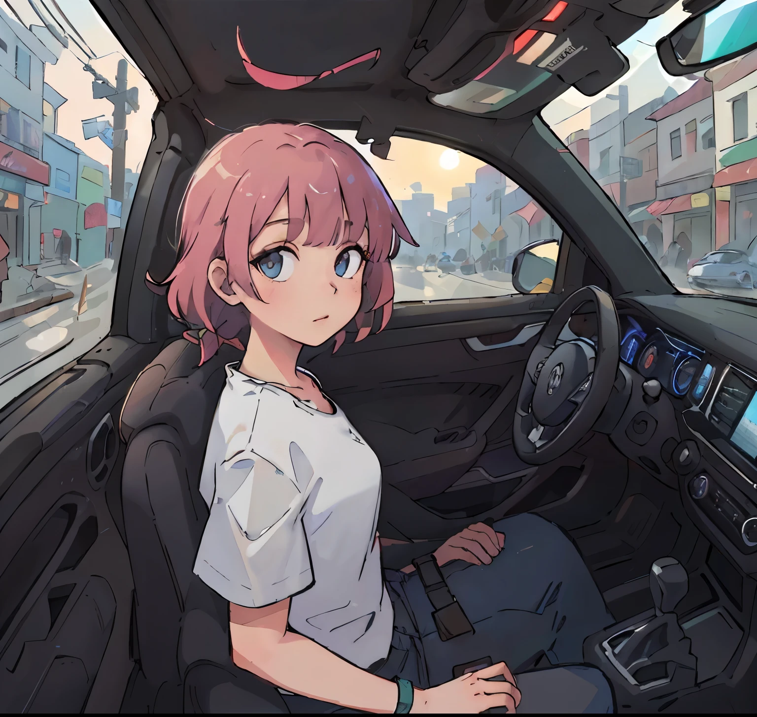 (highest quality,High resolution),Shiny Volkswagen in bright colors, realistic rendering, Detailed features, bright sunshine, background, busy street, stylish accessories, detailed car interior, rearview mirror, polished metal surface, professional photo quality