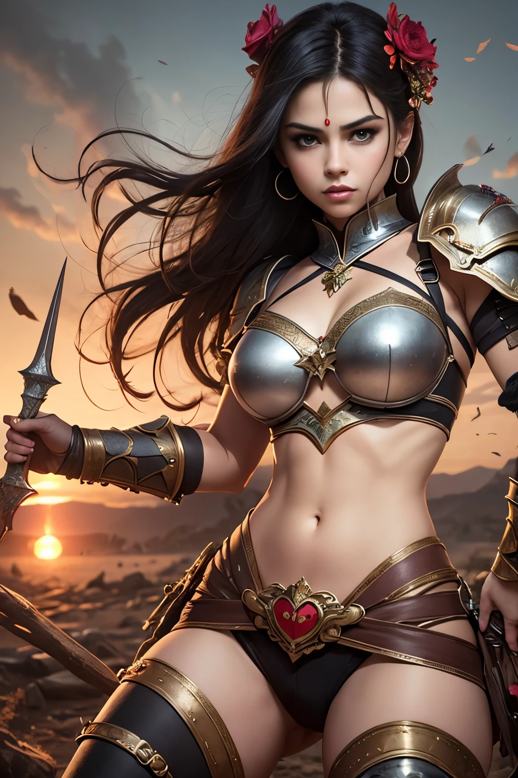 Generate a 4K image of a warrior princess inspired by Selena Gomez. The princess should be depicted in full-body view, wearing armor that is both fierce and alluring. The image should be set in a medieval battlefield with a touch of fantasy elements to showcase her strength and beauty