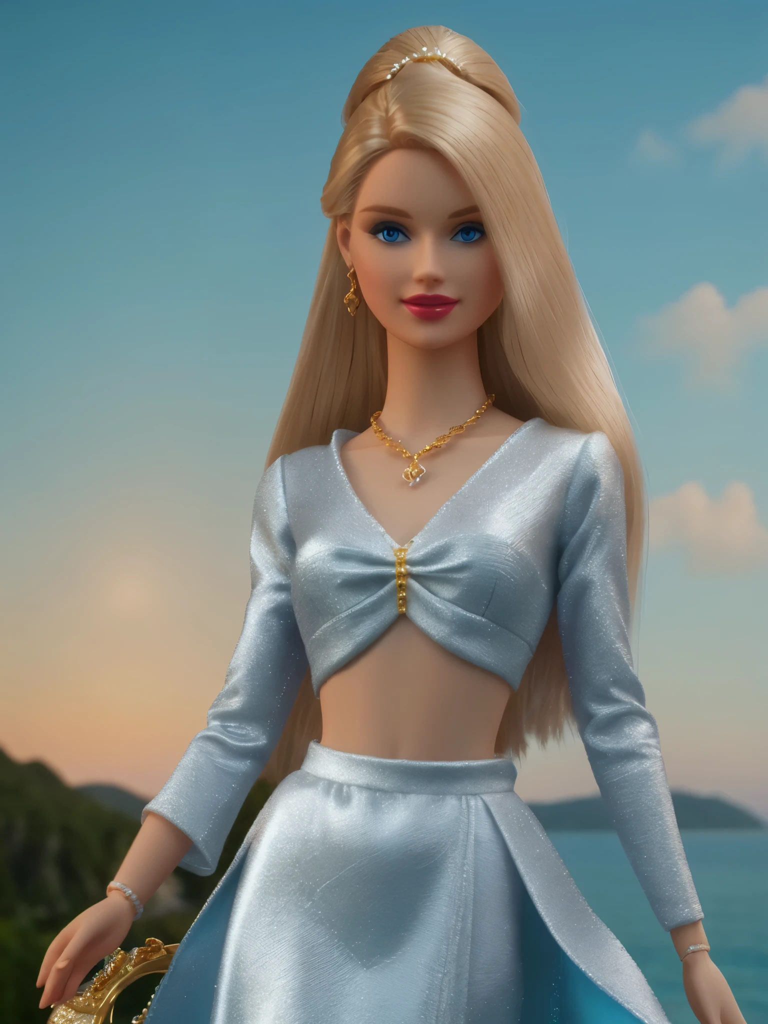 anorexic tall young european (Barbie) princess doll while walking, Delicate detailed face, flawless-silicone-skin, animated, detailed white skin texture, golden-ponytail-hair, (adorable), Clean, wide smile, belly-piercing, glowing-blue-eyes, blue colored pupil, silk pink robe, (black handbag), luxurious tiara, gloss, fresh flowers, (landscape), (ocean), mountains, pine forest, centered golden frame, center, diamond necklaces, pearls, Disney style, high resolution, official art, unreal-engine, high dynamic range, (render), cinema4d, sun ray, porcelain, (looking at viewer), makeup, red lips, depth of field, from below, masterpiece, 8K, best quality, anatomically correct,