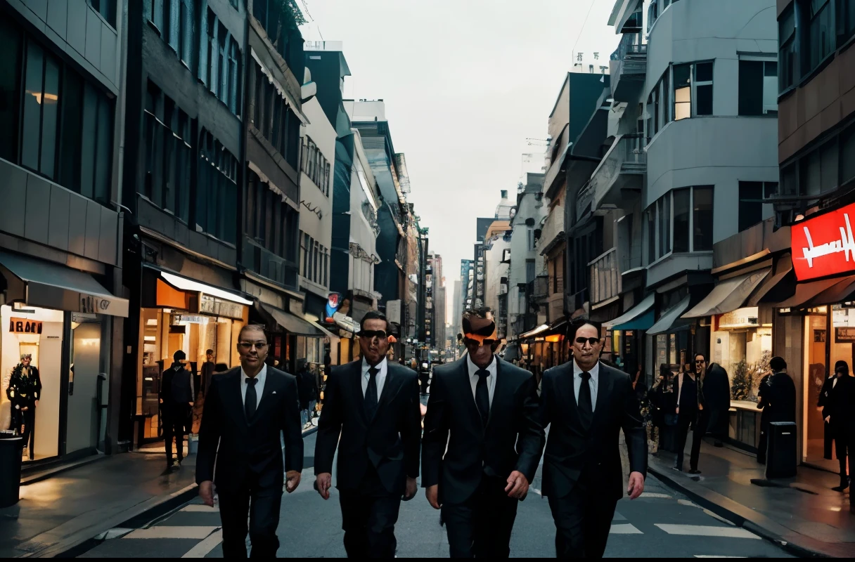 three men in suits and ties walking down a street, mid - shot, mid-shot, wearing a suits, man, business men, by Emma Andijewska, wearing a suit and glasses, neo - noir style, suits, men in black, agents from the matrix movie, security agent, professional, reservoir dogs, wearing a black suit Man in the middle is in handcuffs 