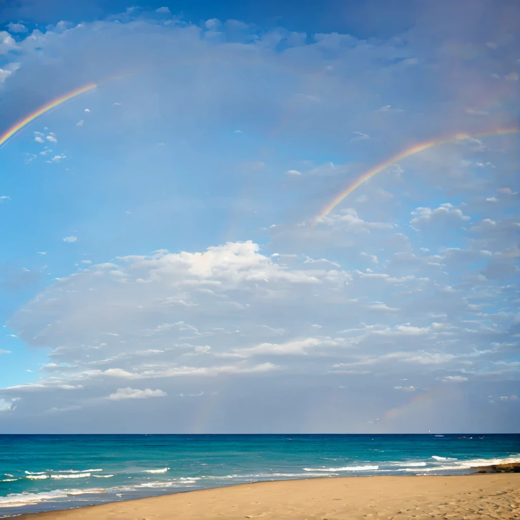 view from beach toward the ocean with clear sky and a rainbow