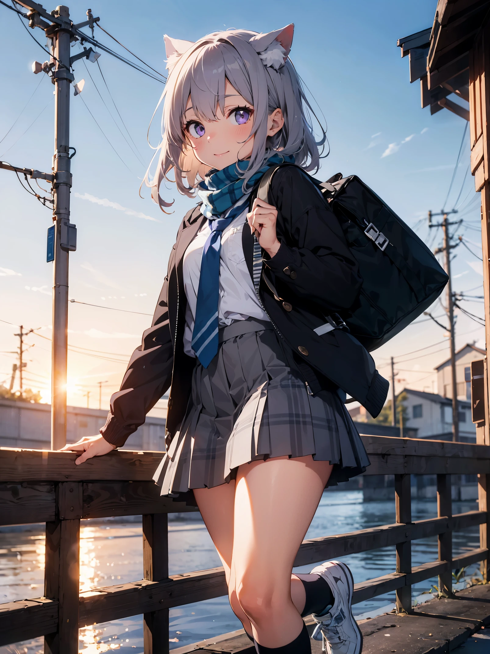 1 girl, alone, Shiroko (blue archive), animal ears, skirt, scarf, blue eyes, Jacket, shirt, white shoes下, shoes下, Plaid skirt, animal earsの綿毛, Hello, white shirt, looking at the viewer, open clothes, bag, hair ornaments, shoes, blue scarf, tie, outdoor, bangs, pleated skirt, open Jacket, Plaid, gray hair, school uniform, handrail, long sleeve, cross hair ornaments, shoulder bag, shirt tucked in, blue tie, knee high, black skirt, hair between eyes, extra ears, Mismatched pupils, blue Jacket, school bag, black bag, blazer, sneakers, striped, closed mouth, pocket, Cat ear, striped scarf, fringe trim, medium hair,(((gray hair))),(((Light purple eyes)))、smile、evening、sunset