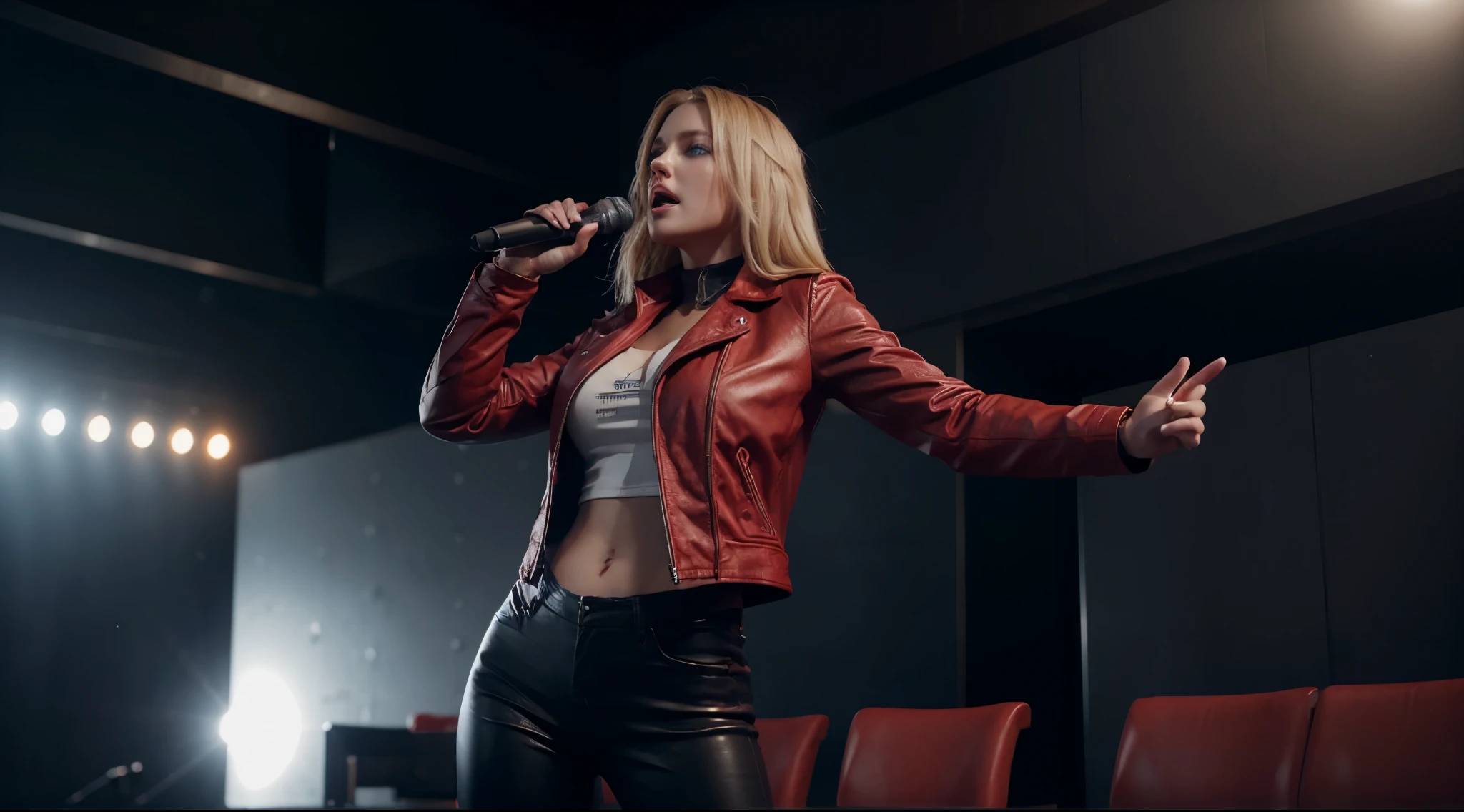 Blonde woman, blue eyes, singing with a microphone, red leather jacket, black pants, perfect body, ultra-realistic HD, 8K render, realistic, cinematic, photorealistic, Unreal Engine 5, bright sunny day, full screen.