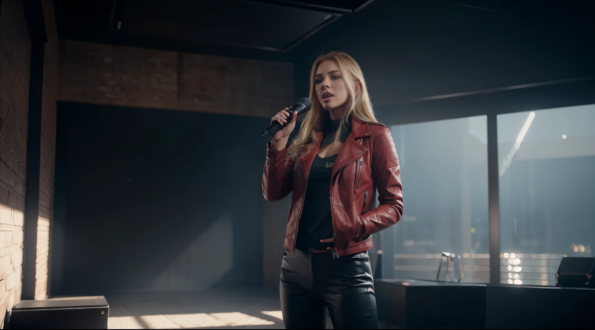 Blonde woman, blue eyes, singing with a microphone, red leather jacket, black pants, perfect body, ultra-realistic HD, 8K render, realistic, cinematic, photorealistic, Unreal Engine 5, bright sunny day, full screen.