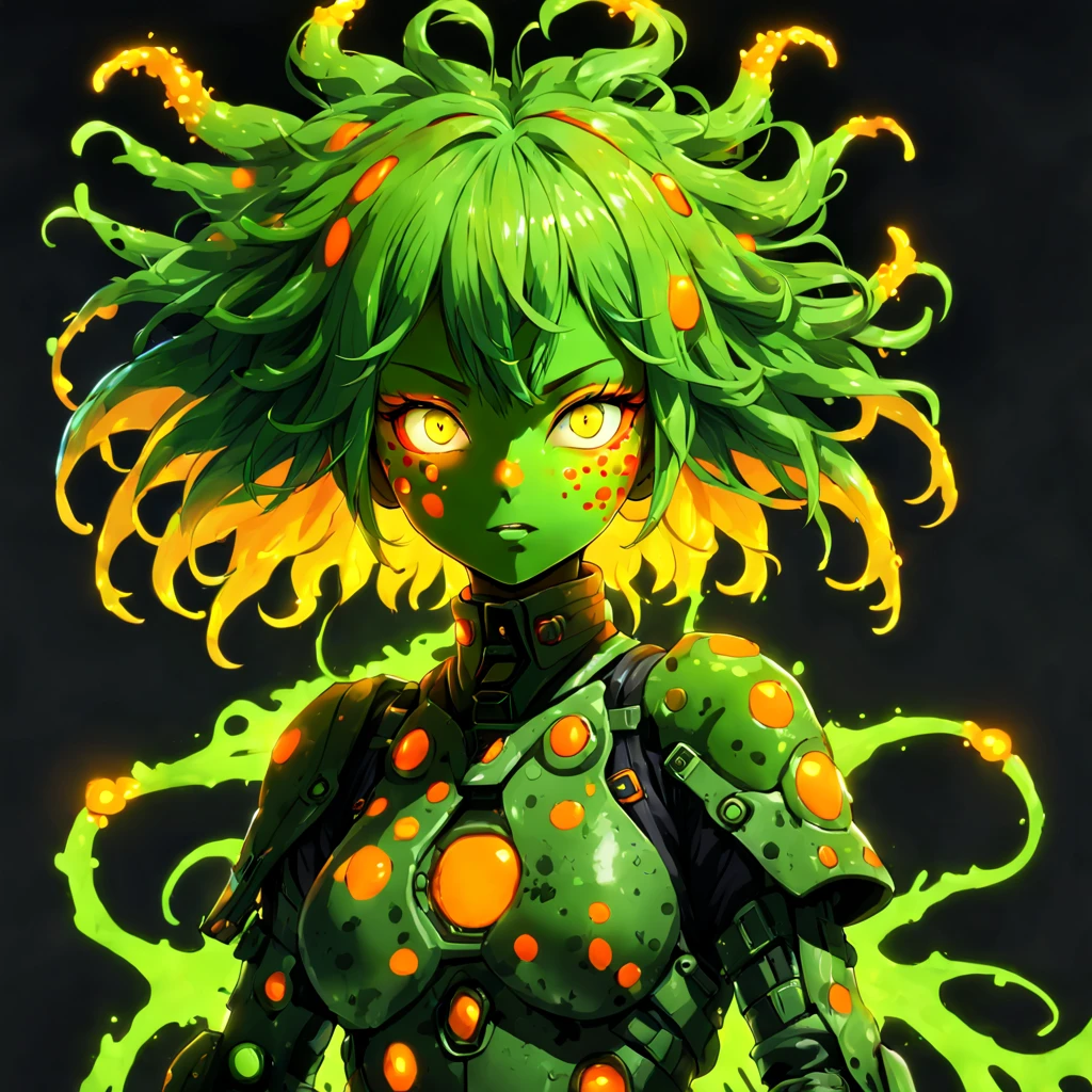 Parasite Anime Girl with neon-green skin covered in glowing yellow-orange spots and frizzy neon green hair wearing a battle-dress made out of a parasite green with orange spots, background glowing dark