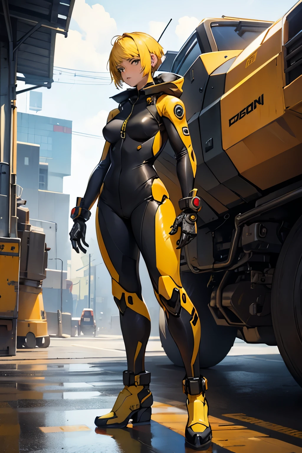1 girl, plugsuit, mechanical arm, short yellow hair, muscular body, fullbody shot