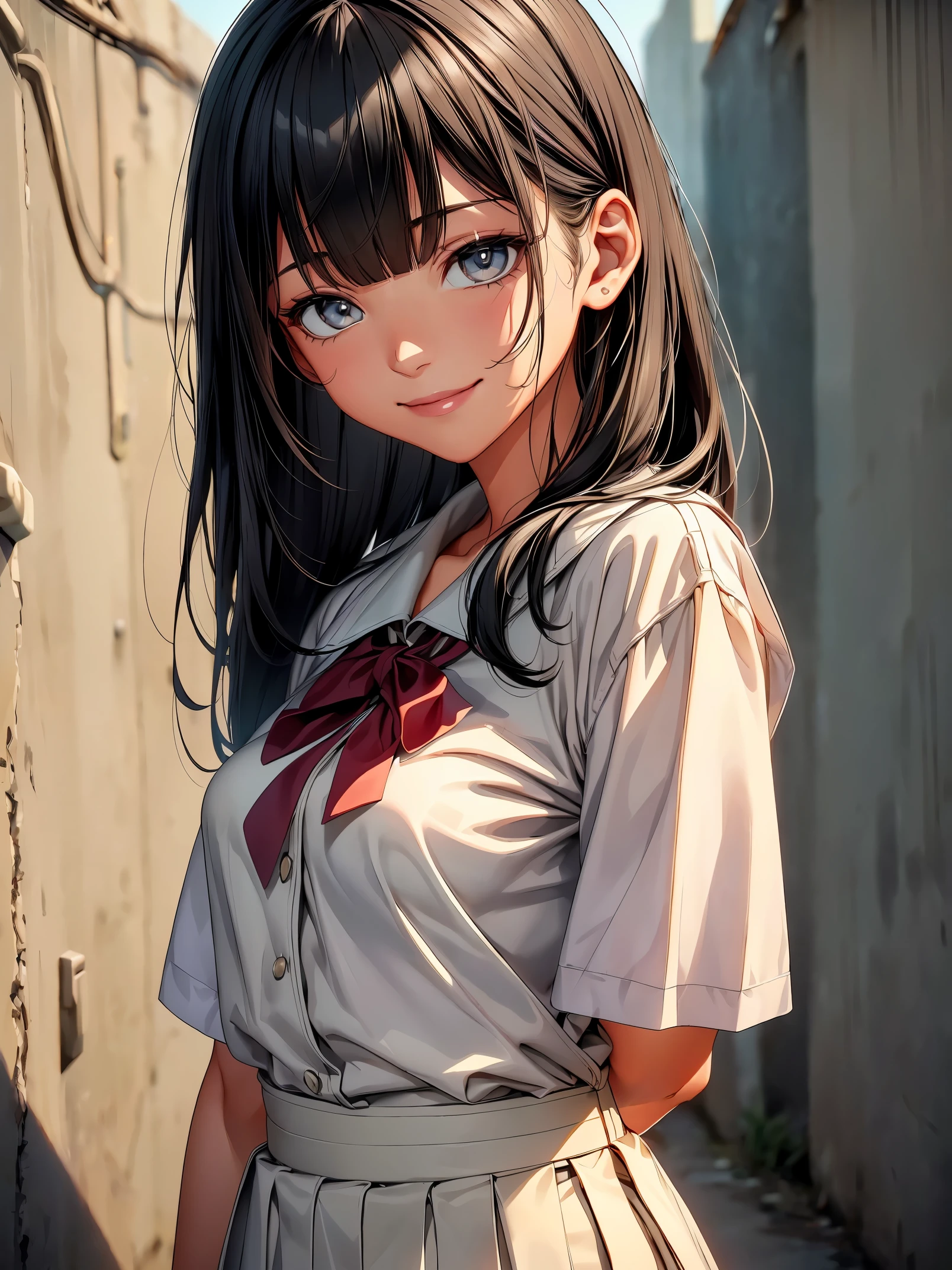 (8K, RAW photo, 最high quality, muste piece: 1.2), High-definition RAW color photo, Professional photo shoot, cinematic light, alone, (((young woman, gal))), (垂れeye), (small face), (high detail skin: 1.2), clavicle, cute face, beautiful eyes, long eyelashes, (rainbow hair, Brownい瞳), (beautiful breasts:1.5),(thin:1.4), very detailed顔と肌の質感, 詳細なeye, double eyelid, カメラを横eyeで見る, ((black hair, shortcut, Bangs are long on one side)), thinボディ, ((smile:1.2)), big breasts, normal hip joint, Brown_eye, cowboy shot, (white private high school uniform), ((Concrete wall background)), 見つめるeye, beautiful skin, shiny skin, wet skin, wet hair, perfect fingers, five fingers, anatomically correct, background bokeh, high quality, surreal, bright colors, ((very detailed, photo shoot)),
