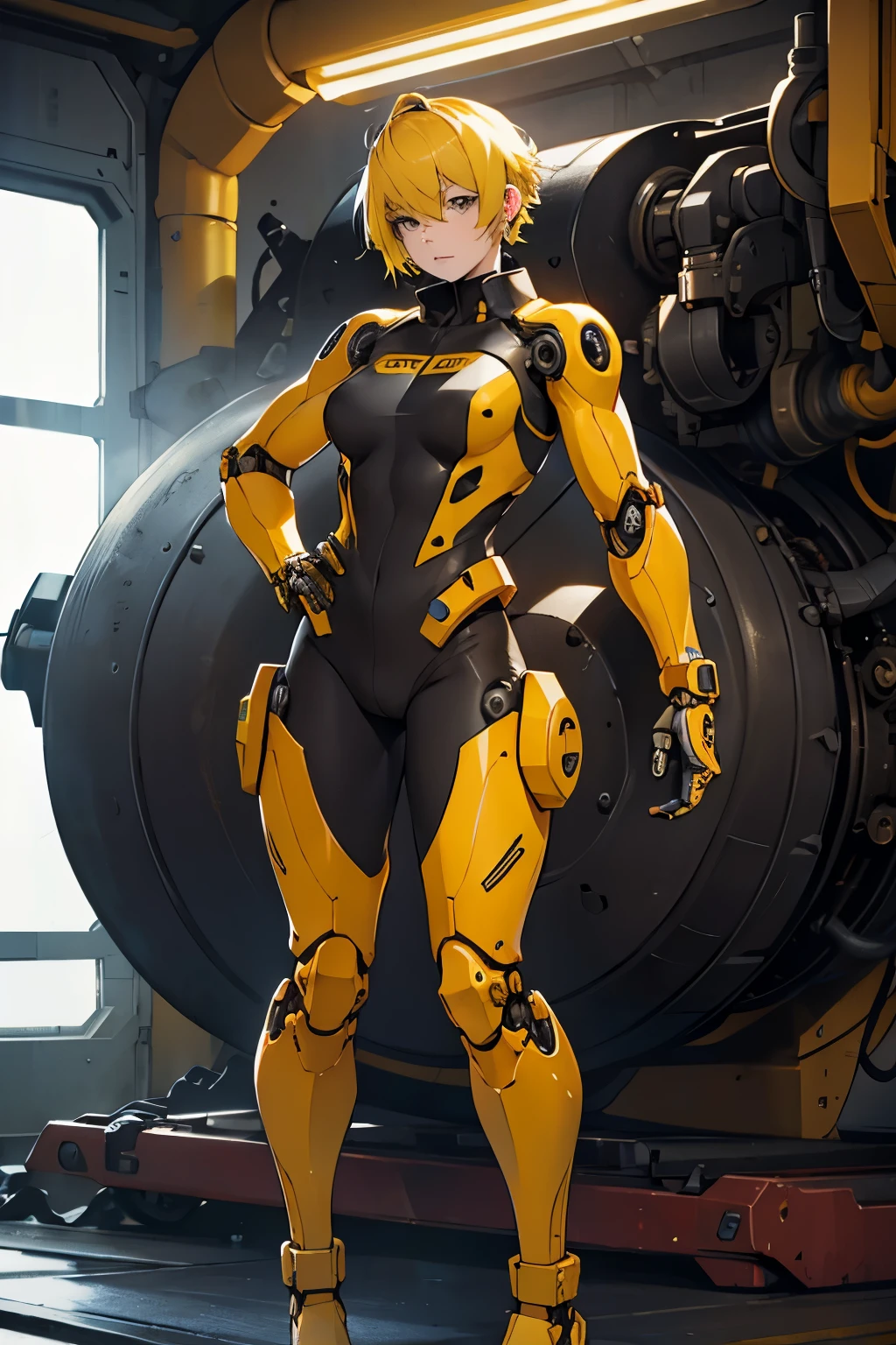 1 girl, plugsuit, ((mechanical arms)), short yellow hair, muscular body, fullbody shot