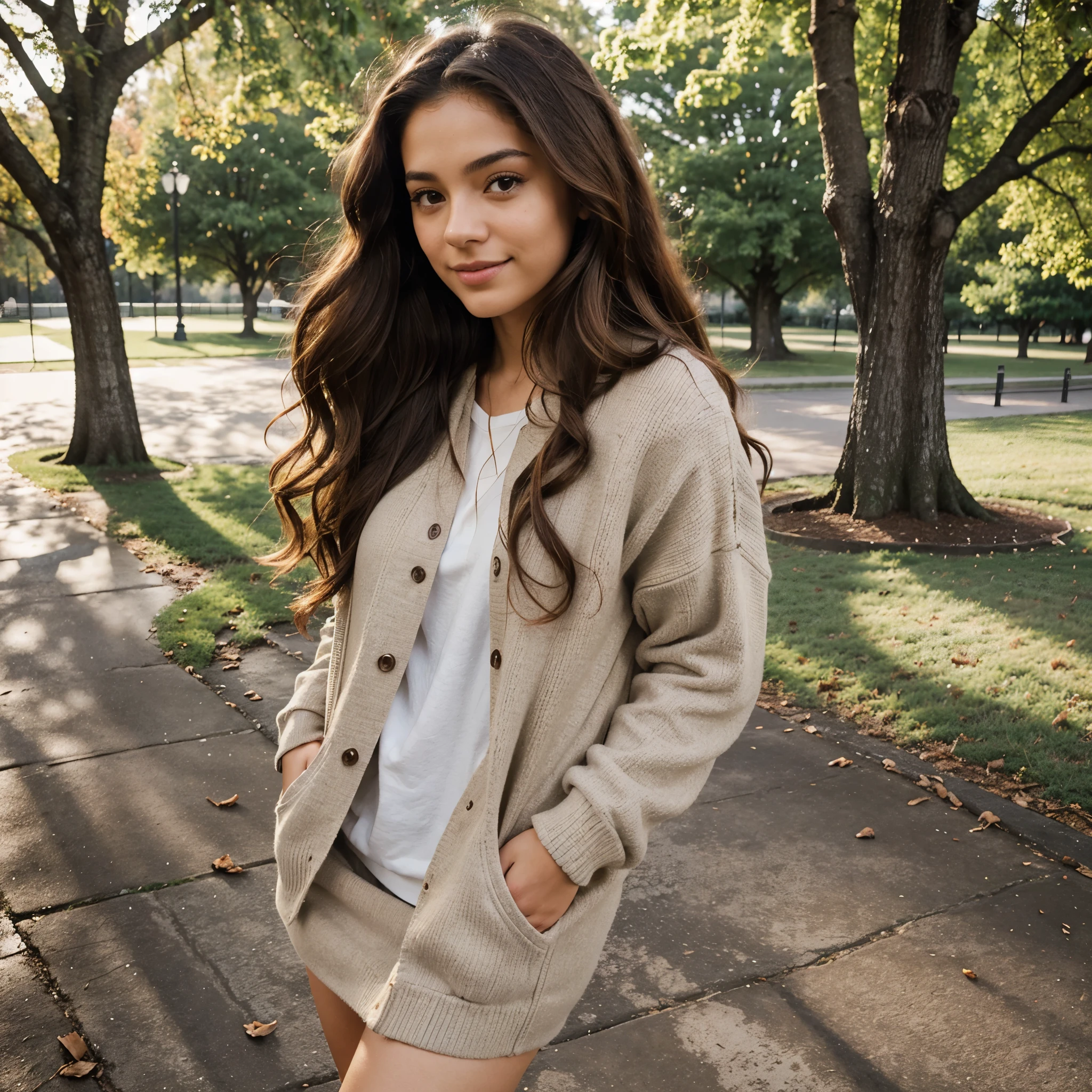 side pose of 22 year old Latina beautiful model, wearing cozy outfit, walking in a park, long curly brown hairs, hazel eyes, happy face, realistic photography