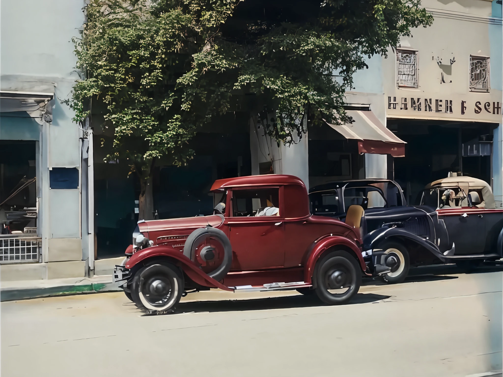 there  a red car driving down the street in front of a building, colorized, restored color, 1 9 3 1, 1929, 1930, 1 9 3 0, 1 9 2 8, color footage, 1932, 1 9 3 2, 1920s gaudy color, 1934