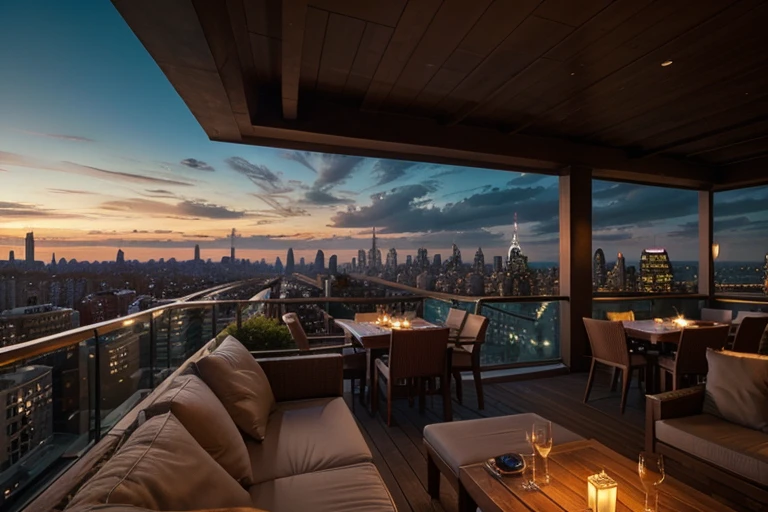 stunnin realistic panoramic view of  manhattan  at night since a rooftop terrace  bar  professional photo masterpieec best quality 