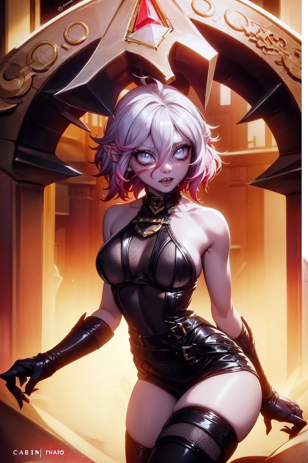 (master part, best quality, ultra-detalhado), 1girl, BriarLoL, pele branca, cabelos brancos, short hair, orelhas pontudas, dentes afiados, Esposas, Olhando para o Viewer, acorrentado, sentado