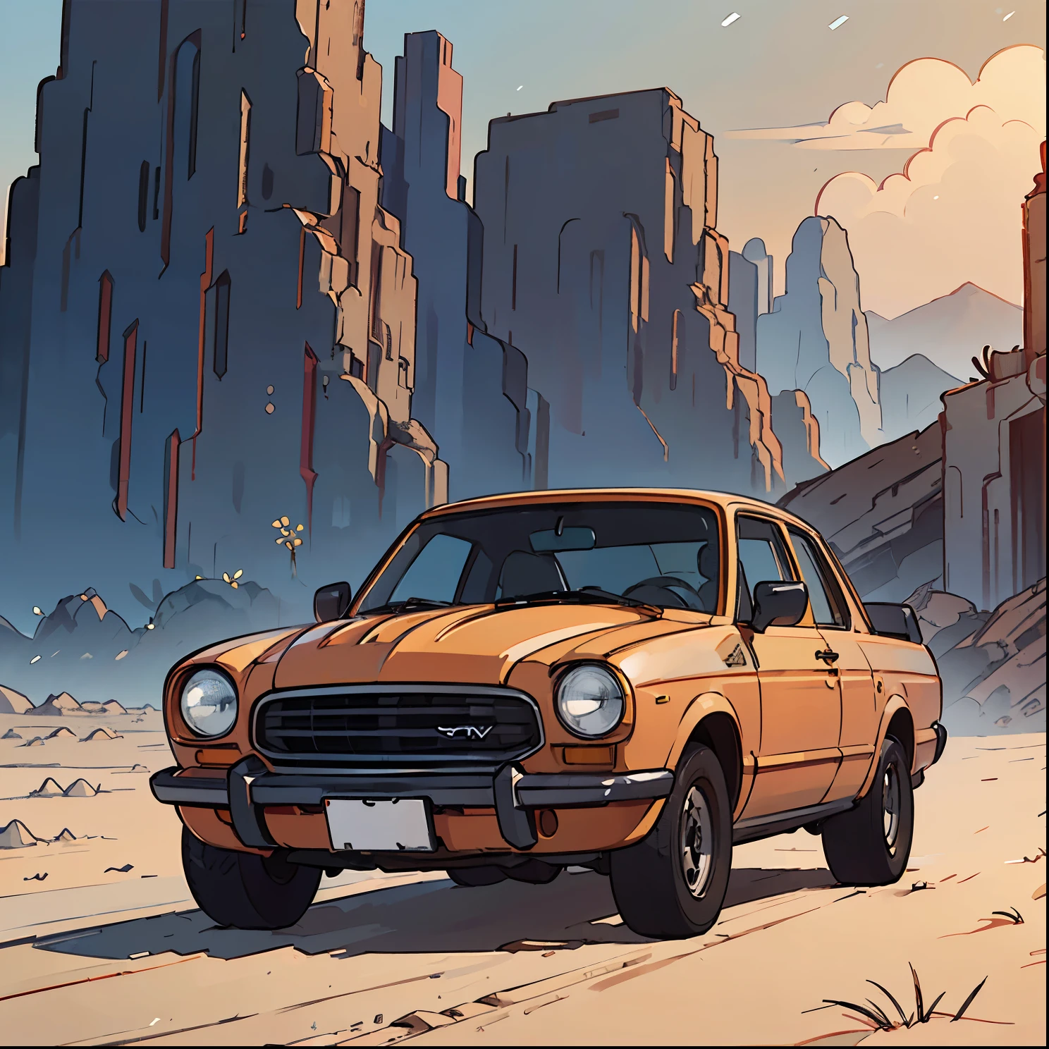 (highest quality,4K,8K,High resolution,masterpiece:1.2),super detailed,(realistic,photorealistic,photo-realistic:1.37),desert,alien spacecraft,Mountain scenery,Abandoned cars,post-apocalyptic,futuristic,desolate,Forgotten,twilight,Unlucky,crumbling structure,Dark color palette,deserted road,Lonely,end of the world,Powerful atmosphere,alien technology,deserted wasteland.