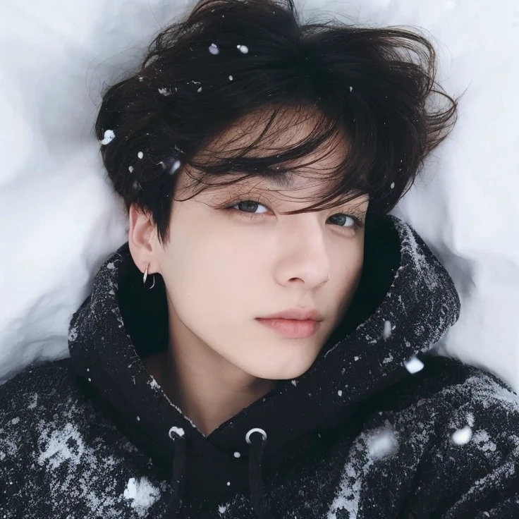 Jungkook is lying in bed with his long red hair curly, tem olhos azuis claro brilhantes e moletom rosa, cabelo vermelho cacheado e comprido.