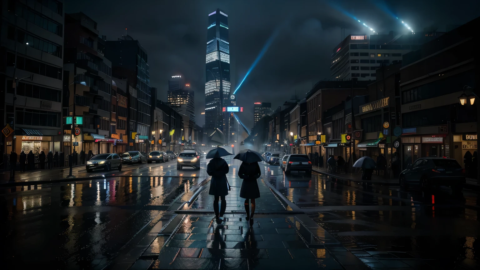 (high quality), (best quality), (realistic), (cinematic lights), (atmospheric sight), (perfect eyes), (sharp face), (blue lights), (volumetric mist), (rain), (waterreflections), (perfect legs), In the background there is a big skyline with skyscraper, in the foreground are people withe umbrellas, they cross the road at the trafficlight, the view is right of the street, 50mm, 8k UHD, (HDR)