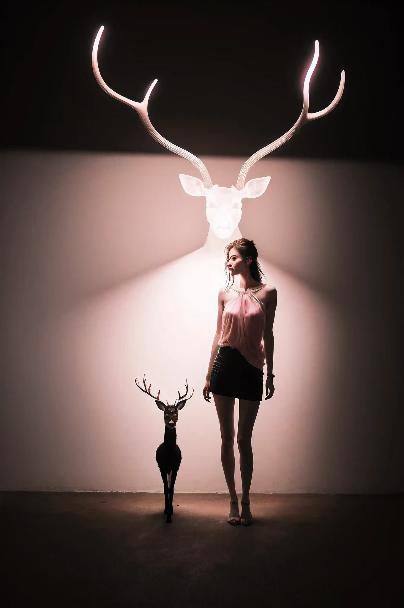 absurd, fine-art photography, half woman half deer, of a woman, x-ray, light-pink lighting, in the style of minimalism photography, studio photography
