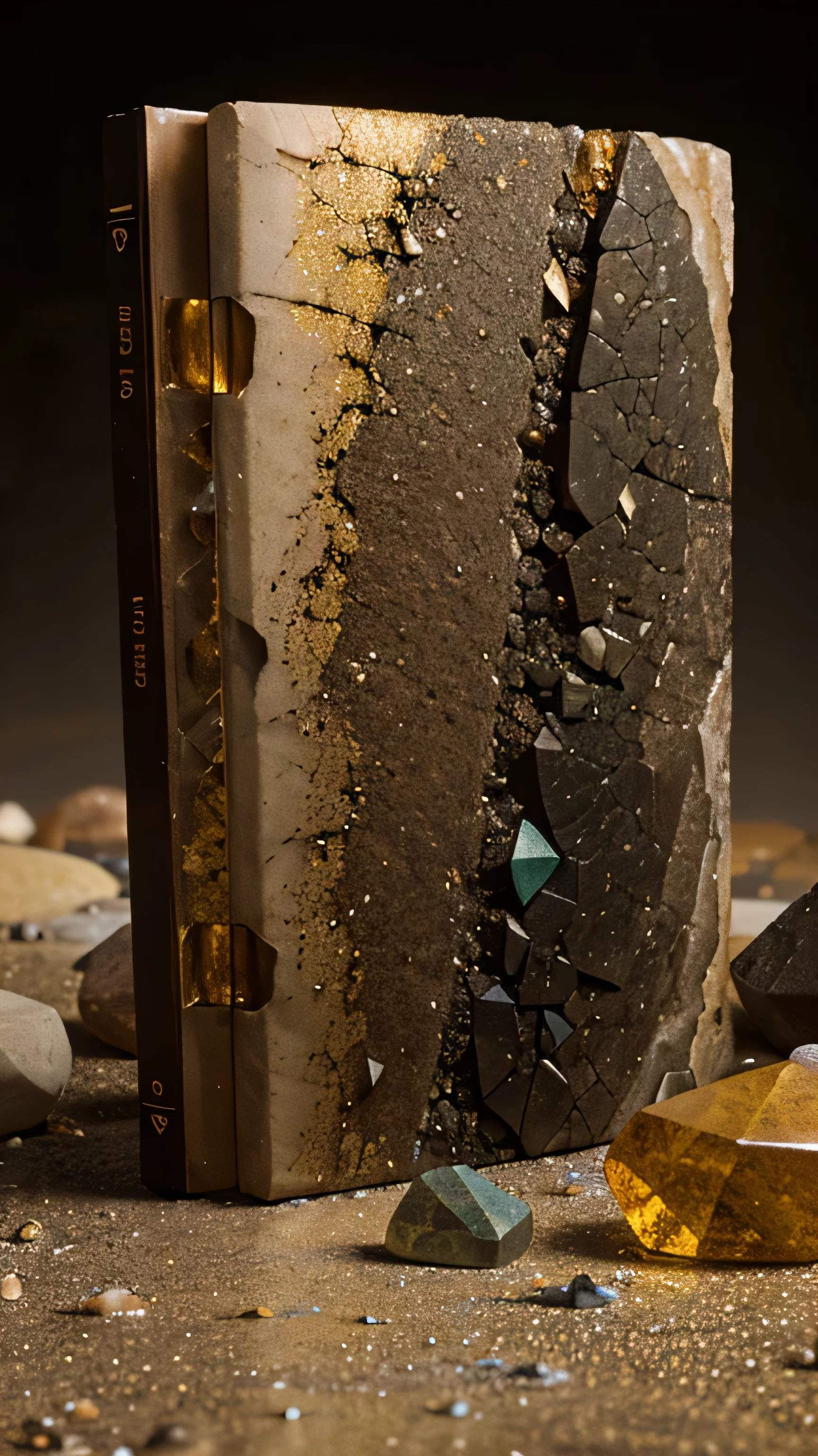 Ancient Book, seemingly, turned to stone, serves as a unique canvas, on which many extraordinary minerals grow.. These Minerals Show an Impressive Gradient., from creamy sand shades, sometimes with shades of reddish-orange and slightly brown., everything has a glossy texture, geode-like, on a soft yellow background.. Noticeably, minerals include HD Lighting Ridge stones and Burmese tourmaline.., creating a seductive scene. This petrified book, On the cover you can see the word “Contacts”, acts as a catalyst for the growth of these amazing minerals. The book is surrounded by numerous fragments of similar stones and dust..., evoking an image, in which these minerals arose organically. The background has a soft yellow tint., lacks deep tones, looks like an alien landscape. The predominant color scheme of the painting is creamy sand tones..., sometimes mixed with reddish orange and brown., isolated against a background of shineing yellow shine, carefully creating a breathtaking gradient. Despite the lack of dark shades, shine, coming from the stones, remains tangible, adding an enchanting charm to this intriguing picture.